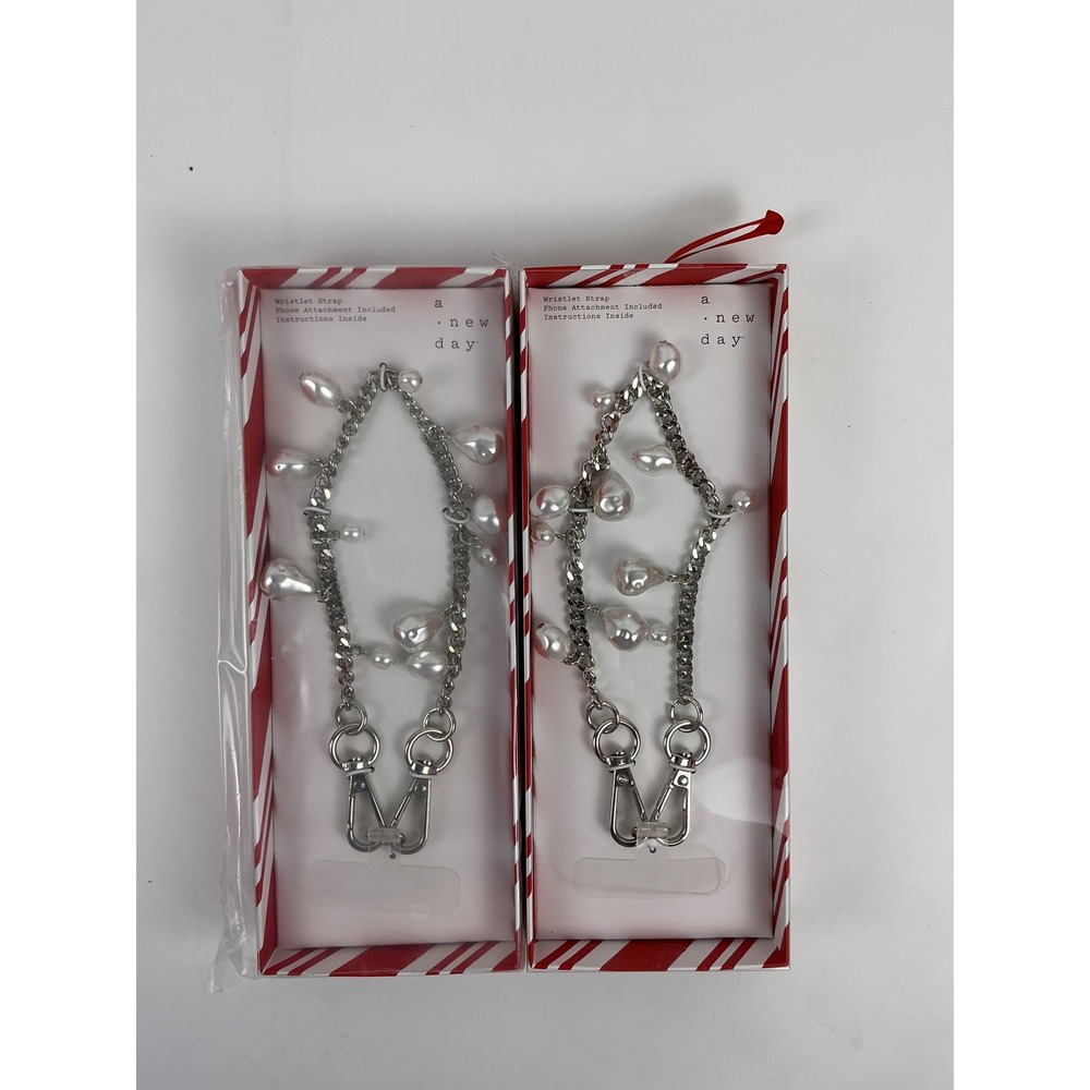 Set of 2 A New‎ Day Silver Chain Wristlet Strap for Phone W/Faux Pearl Accent